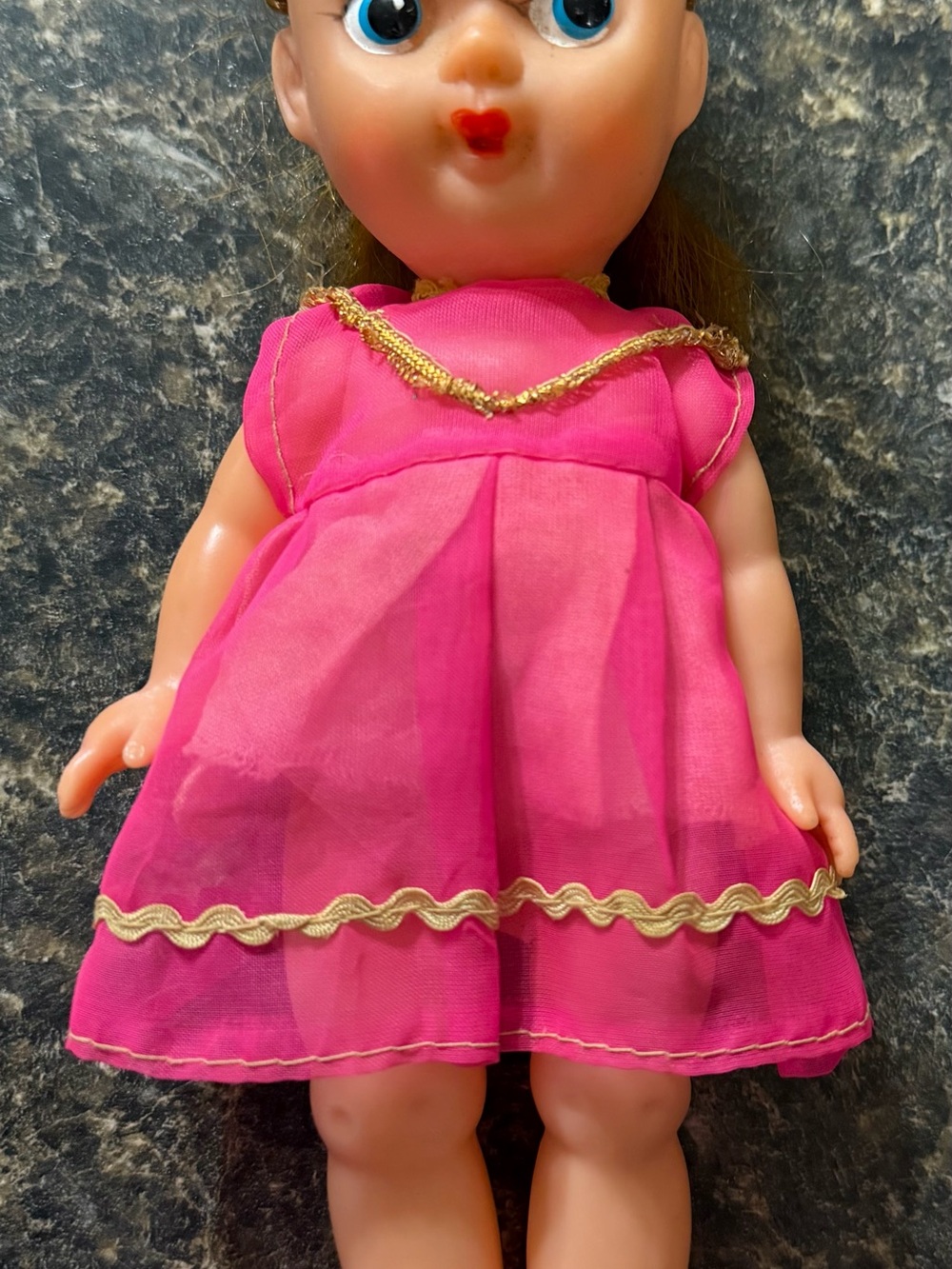 Vintage Doll in Pink Dress with Gold Trim
